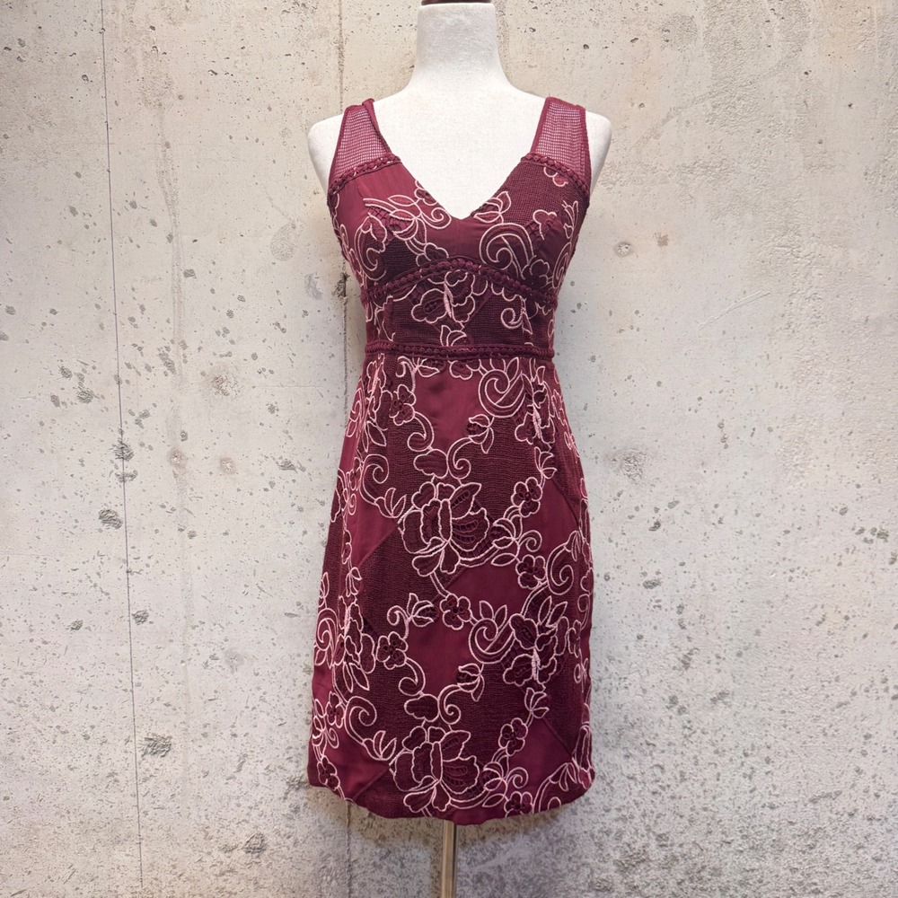 Moulinette Soeurs Embroidered Sheath Dress Womens 2 Burgundy Floral Boho Chic